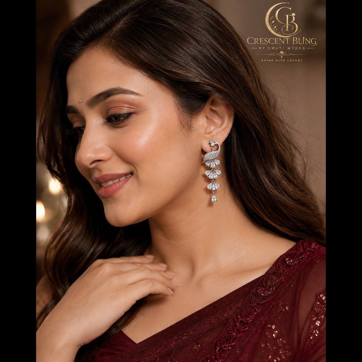 Crescent bling Silver-toned Peacock Drop Dangler Earrings