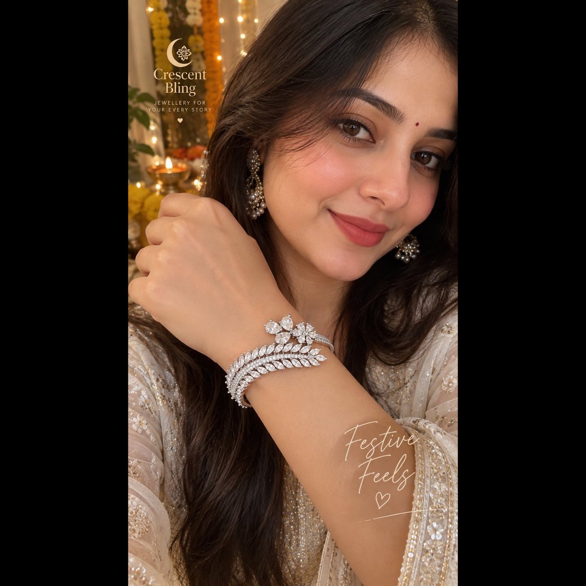 Crescent bling Crystal Embellished Leaf Design Bracelet