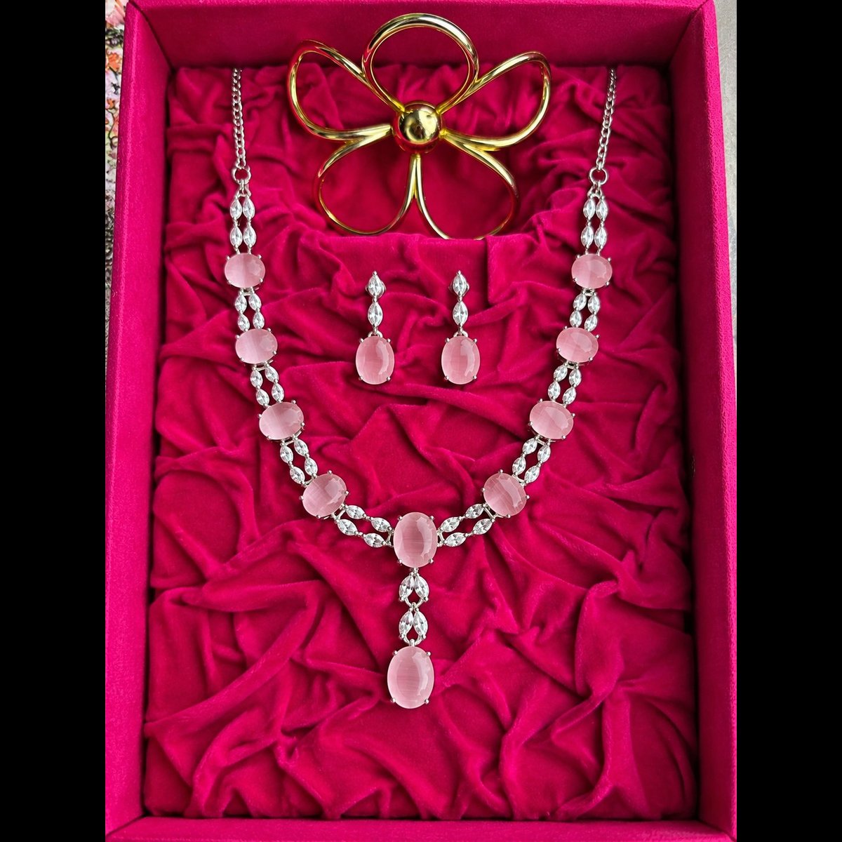 Crescent bling Elegant Pink Stone Necklace Set 2