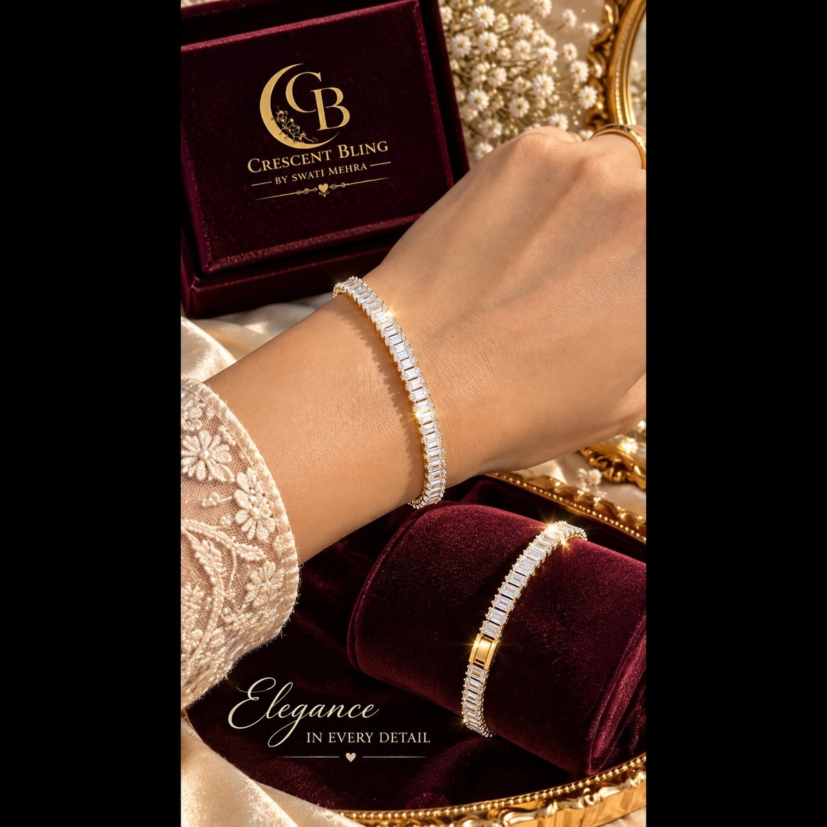 Crescent bling silver Tone Baguette Stone Bracelet 2