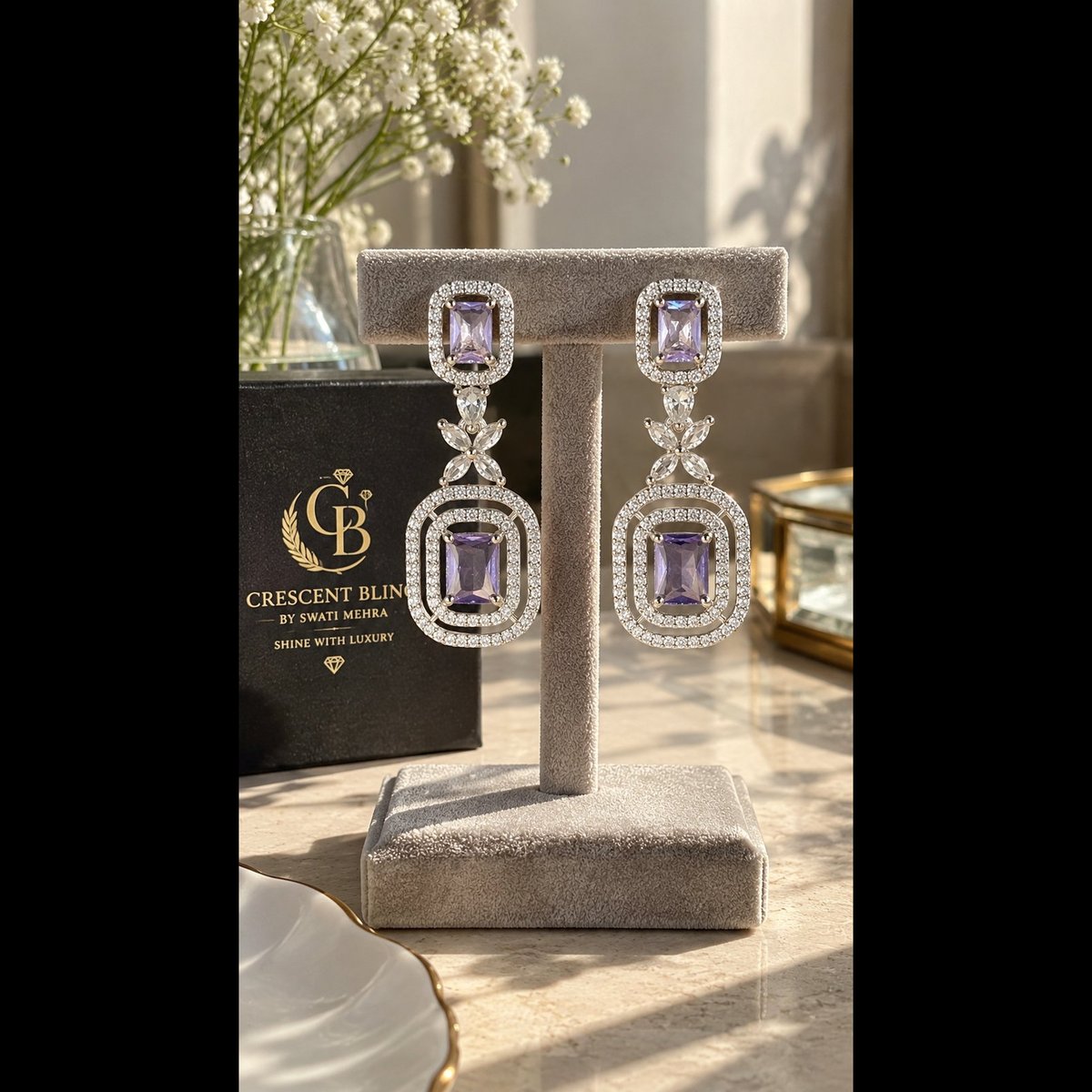 Crescent bling Elegant Purple Gemstone Drop Earrings 3
