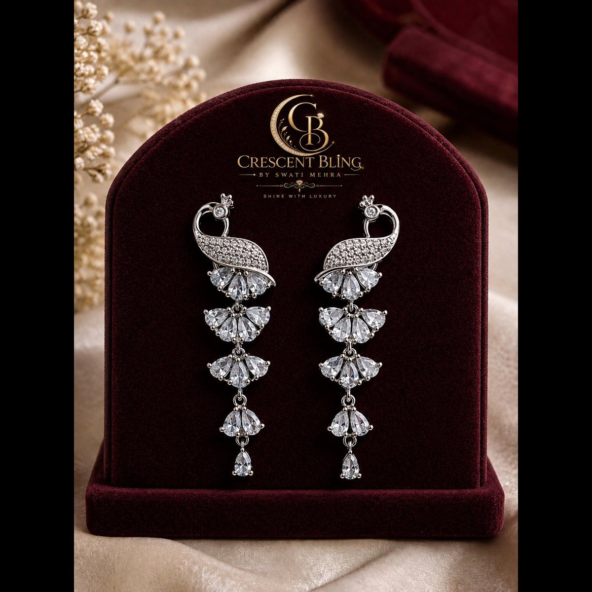 Crescent bling Silver-toned Peacock Drop Dangler Earrings 2