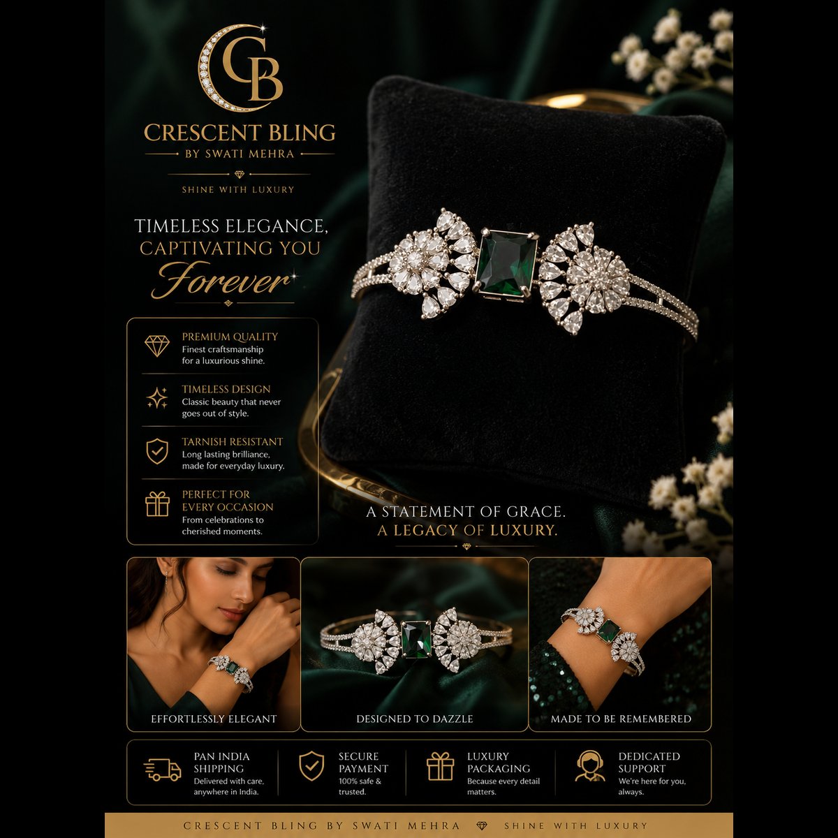 Crescent bling Elegant Green Stone Embellished Bracelet 3
