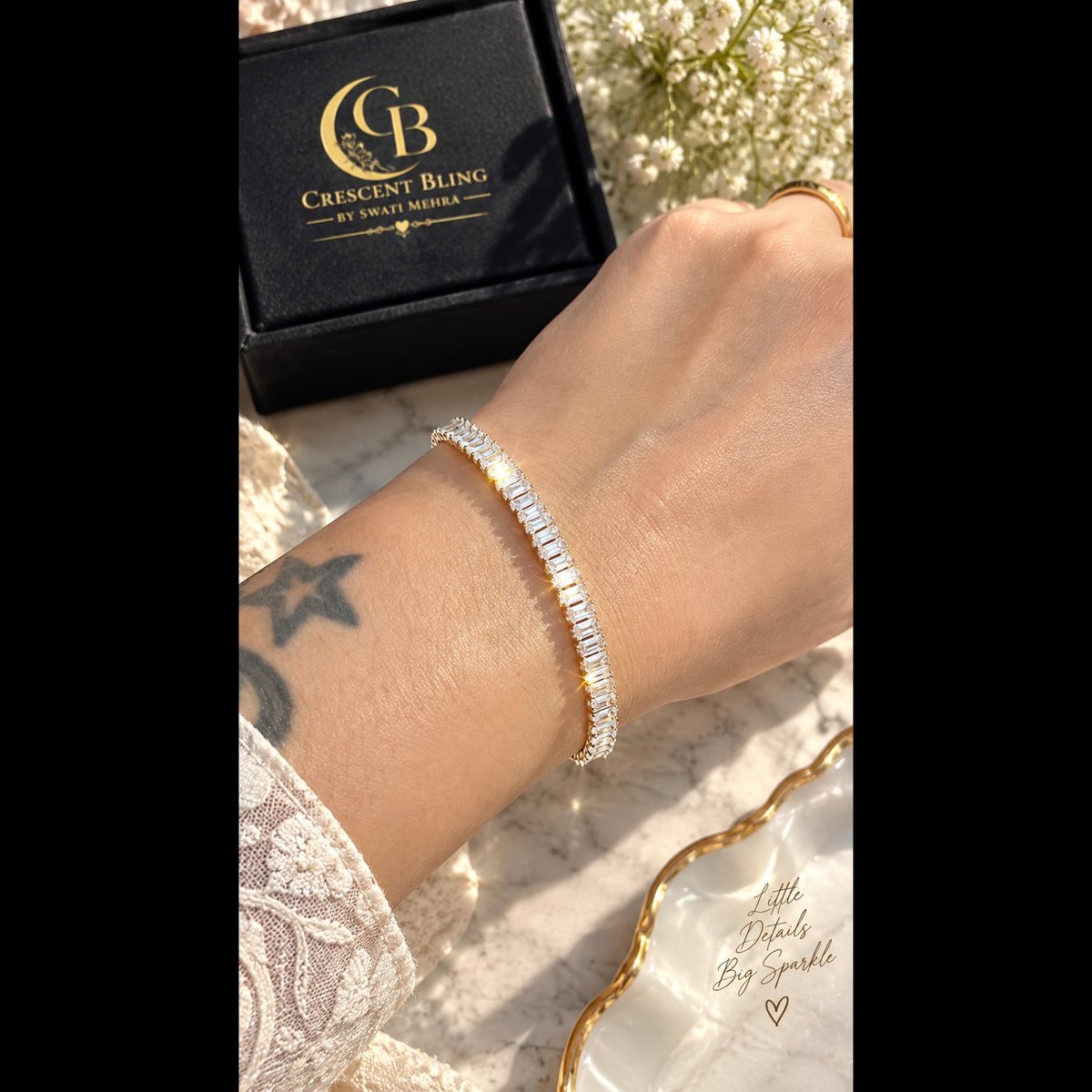 Crescent bling silver Tone Baguette Stone Bracelet