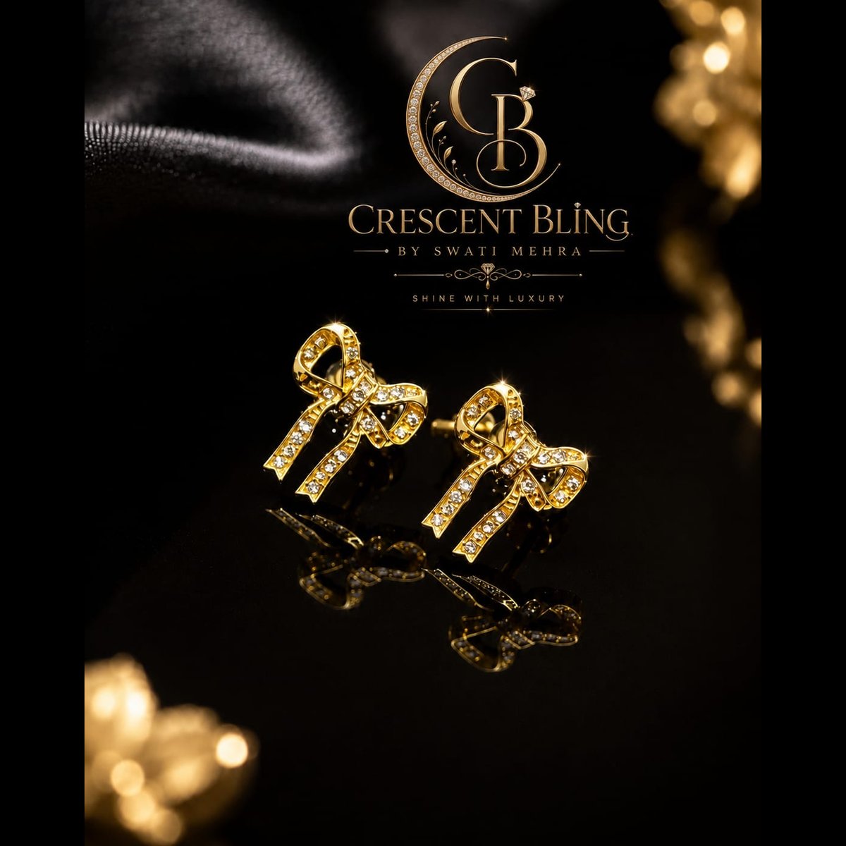 Crescent bling Gold-Tone Bow Design Stud Earrings