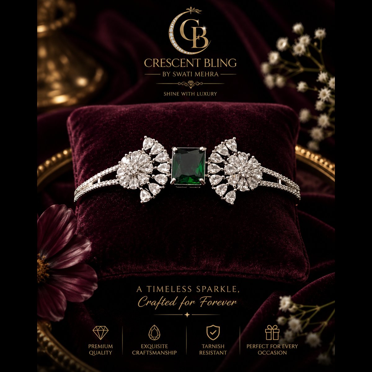 Crescent bling Elegant Green Stone Embellished Bracelet 2
