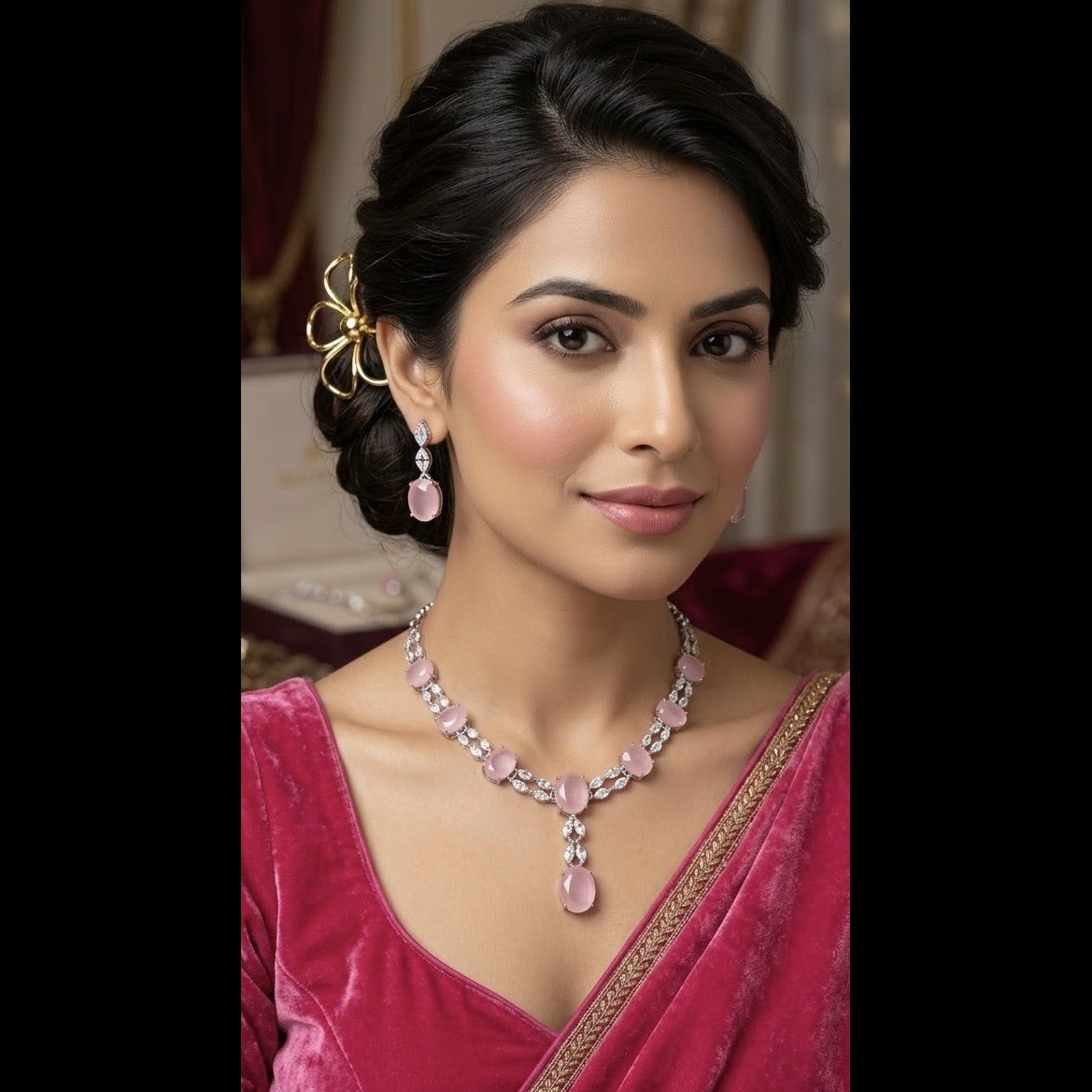 Crescent bling Elegant Pink Stone Necklace Set