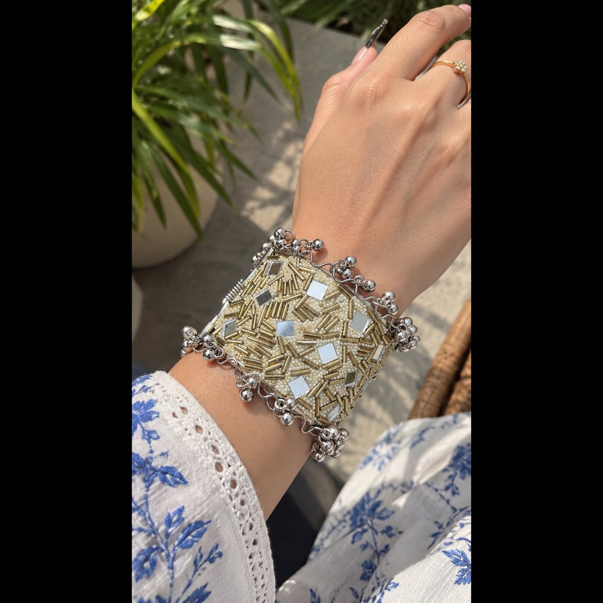 Crescent bling Embellished Beaded Mirrorwork Cuff Bracelet 2