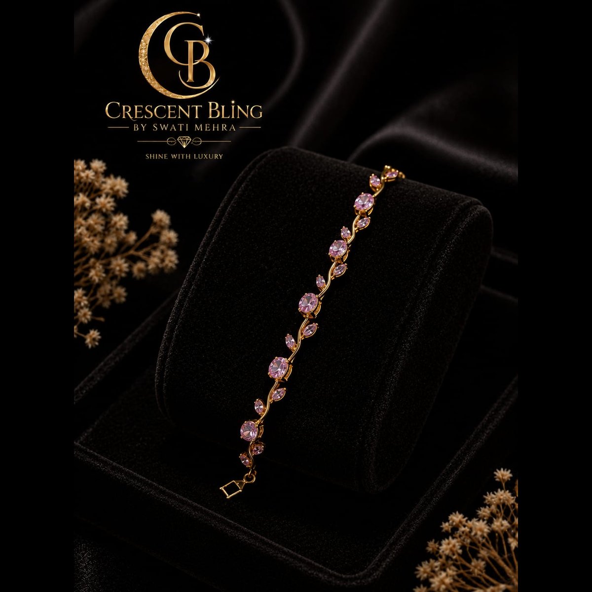 Crescent bling Gold Toned Pink Stone Bracelet 2