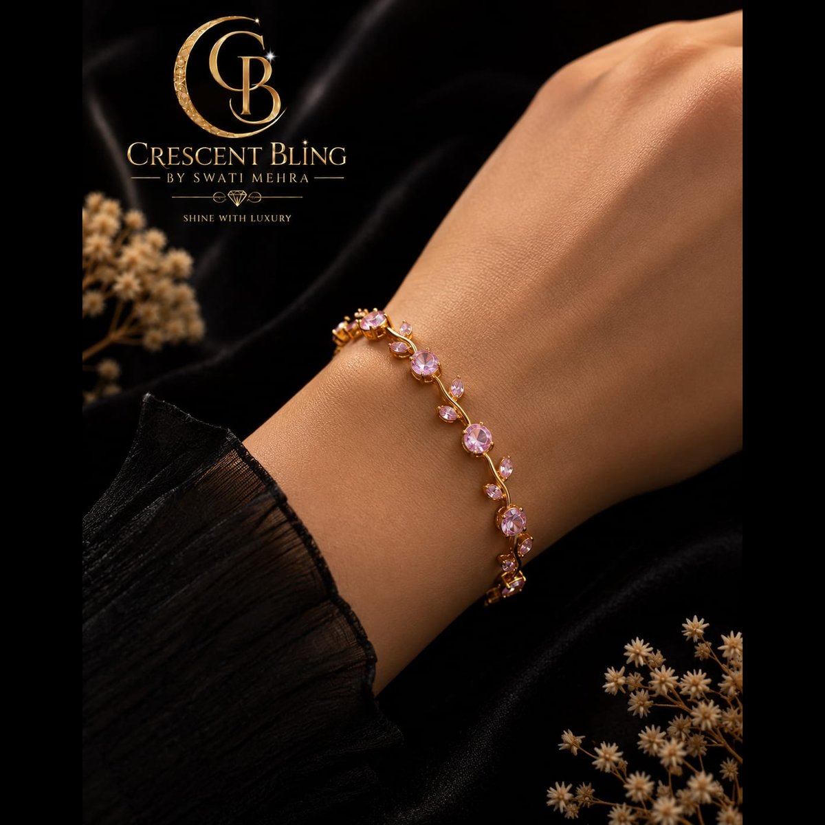 Crescent bling Gold Toned Pink Stone Bracelet