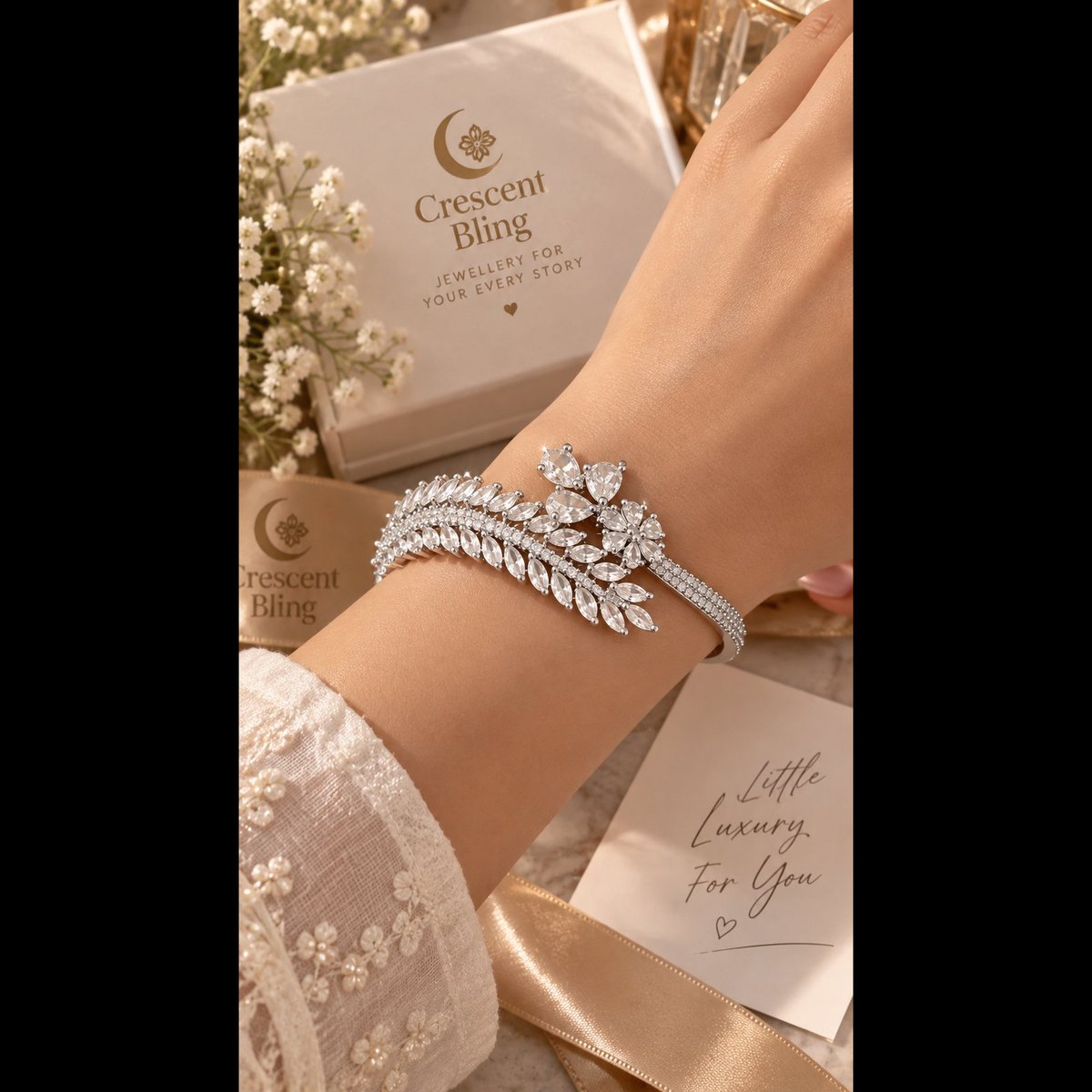 Crescent bling Crystal Embellished Leaf Design Bracelet 2