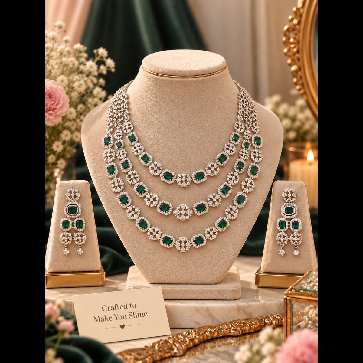 Crescent bling Emerald Stone Layered Necklace Set 2