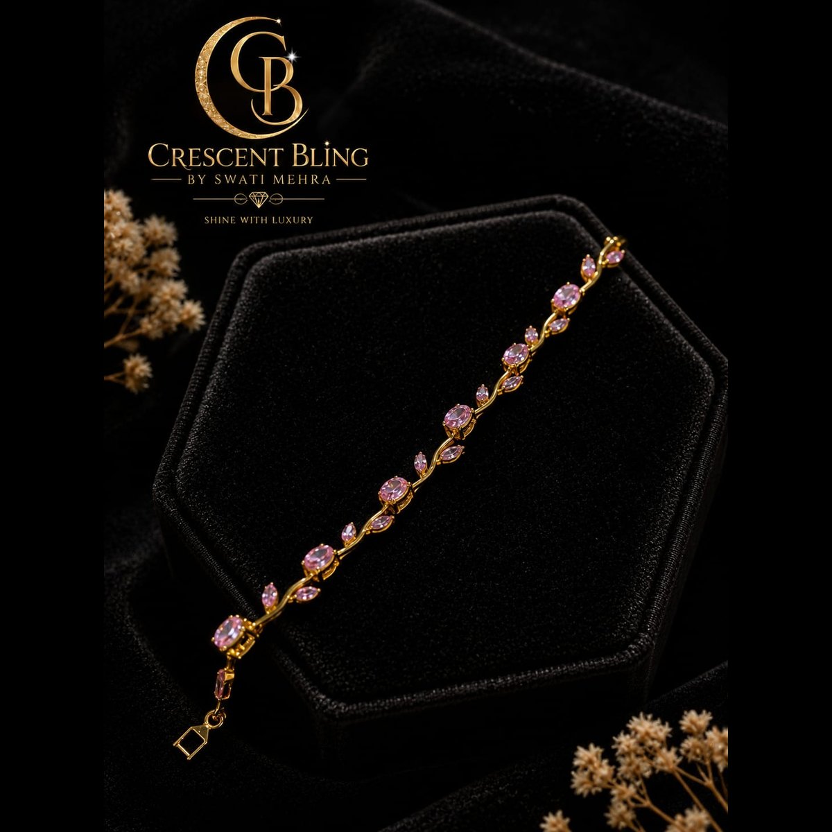 Crescent bling Gold Toned Pink Stone Bracelet 3