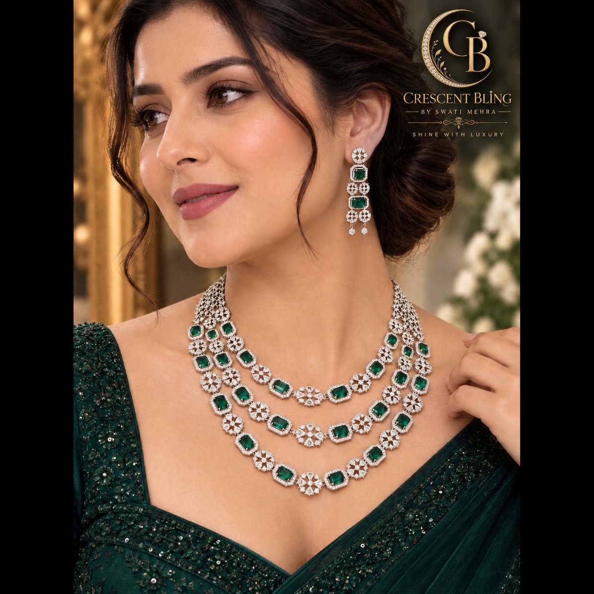 Crescent bling Emerald Stone Layered Necklace Set