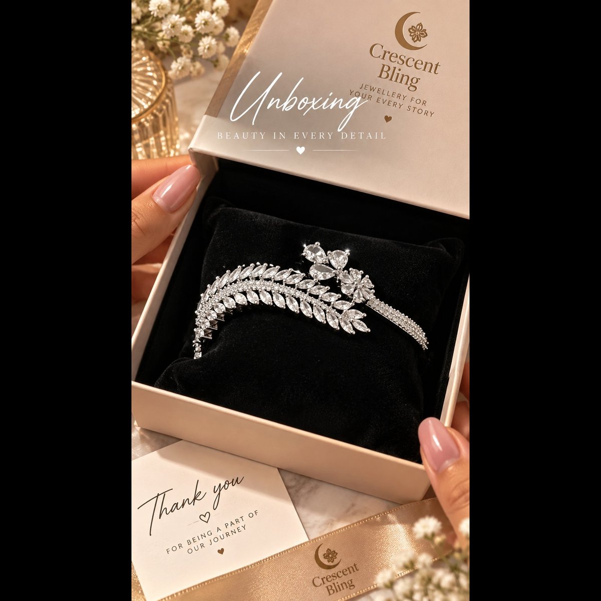 Crescent bling Crystal Embellished Leaf Design Bracelet 3