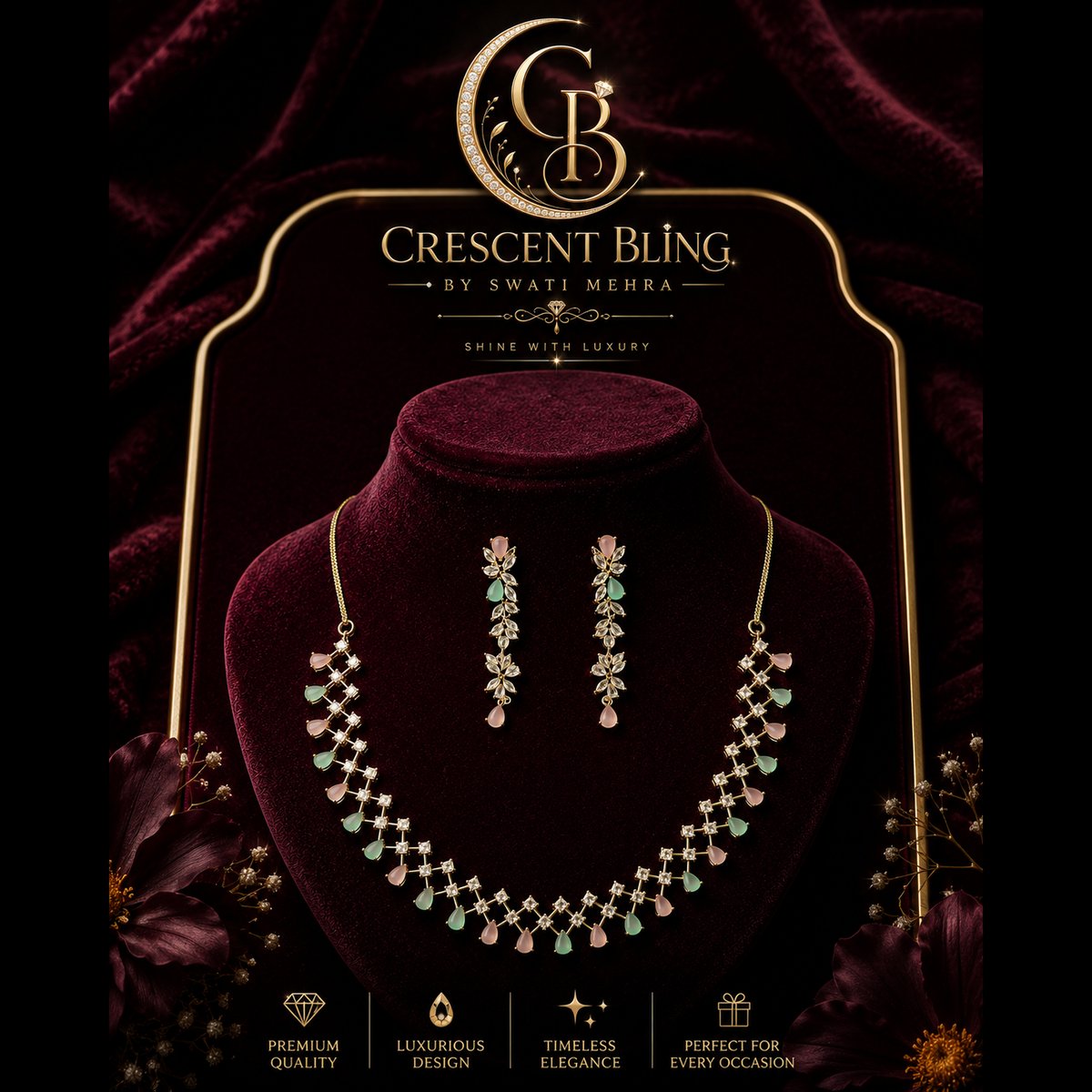 Crescent bling Gold Tone Stone Studded Necklace Set