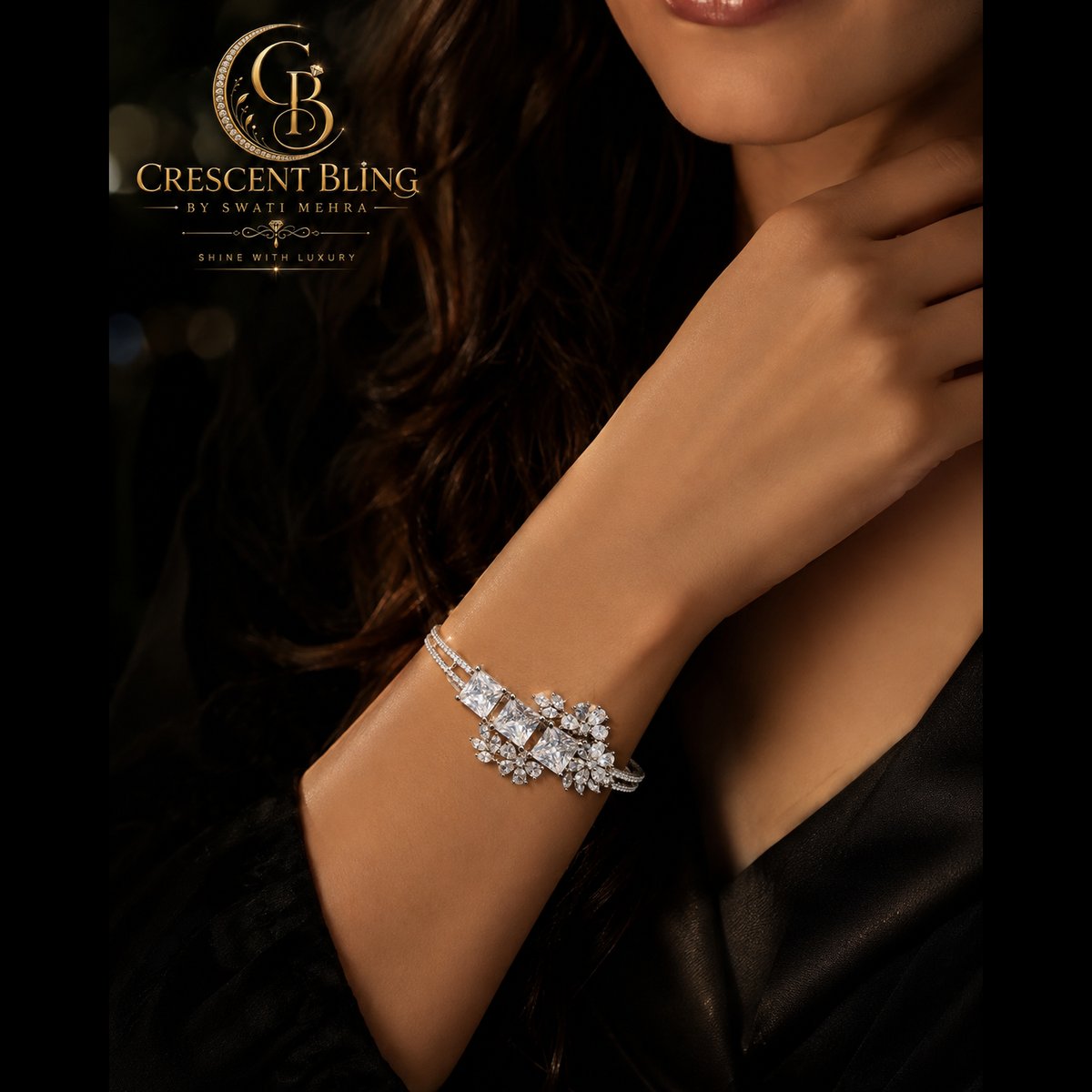 Crescent bling Floral Embellished Stone Bracelet