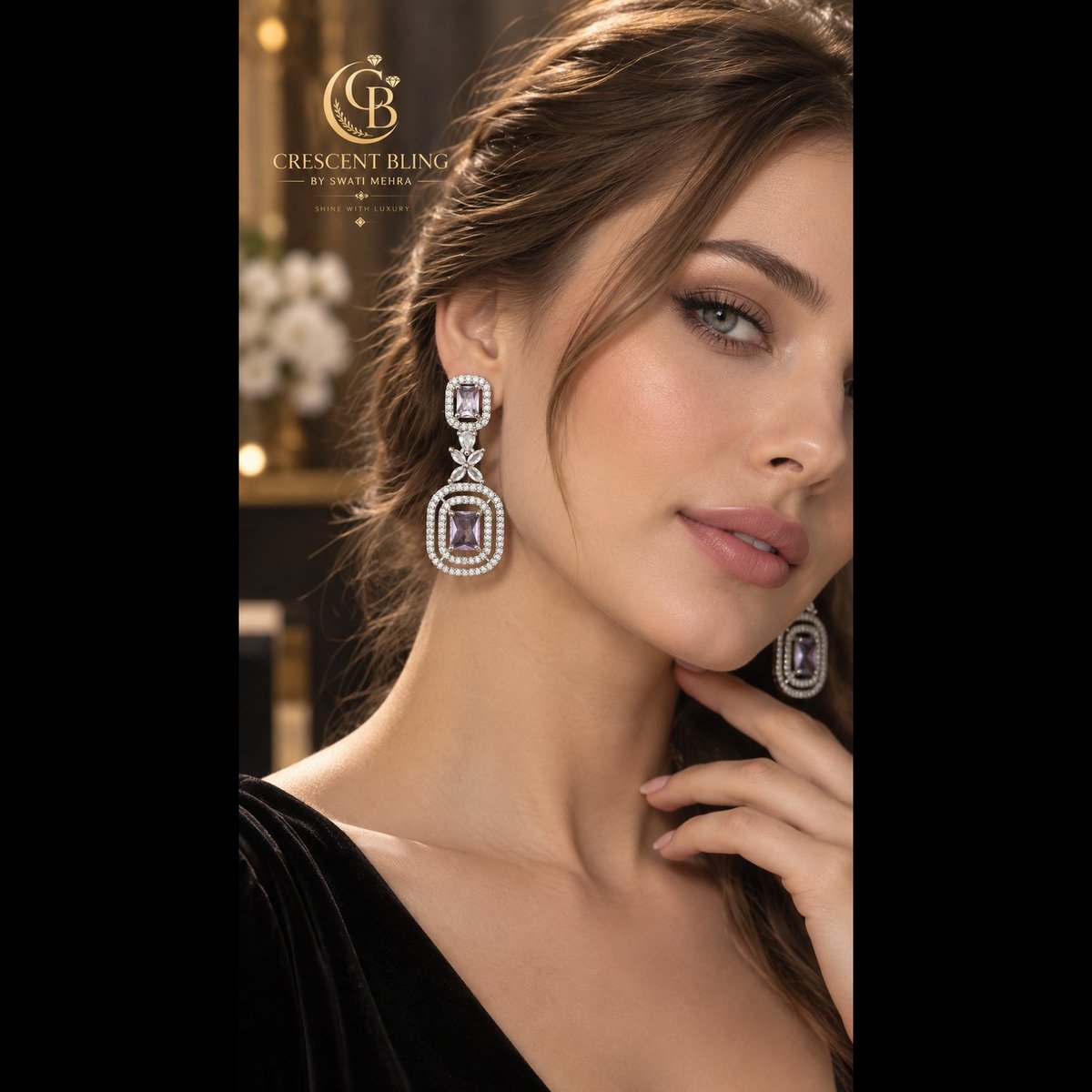 Crescent bling Elegant Purple Gemstone Drop Earrings