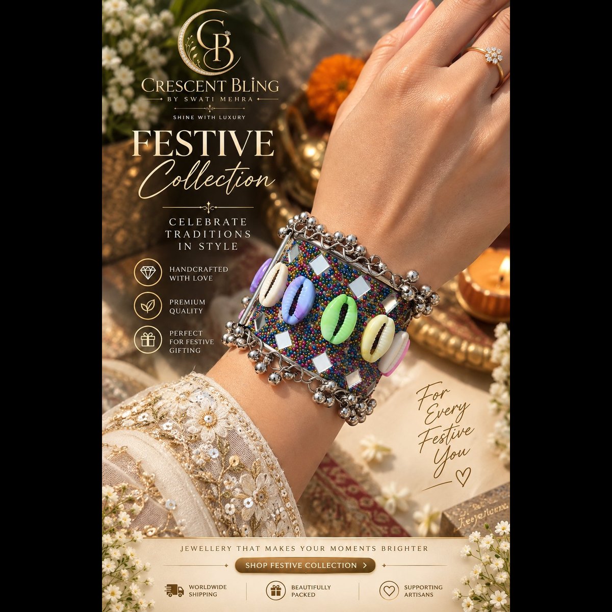 Crescent bling Colorful Cowrie Shell Beaded Cuff Bracelet