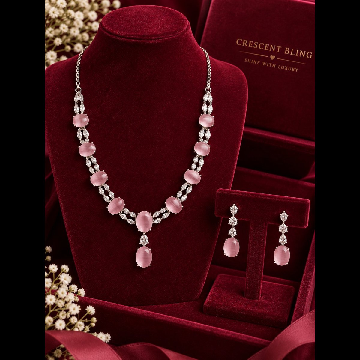 Crescent bling Elegant Pink Stone Necklace Set 3