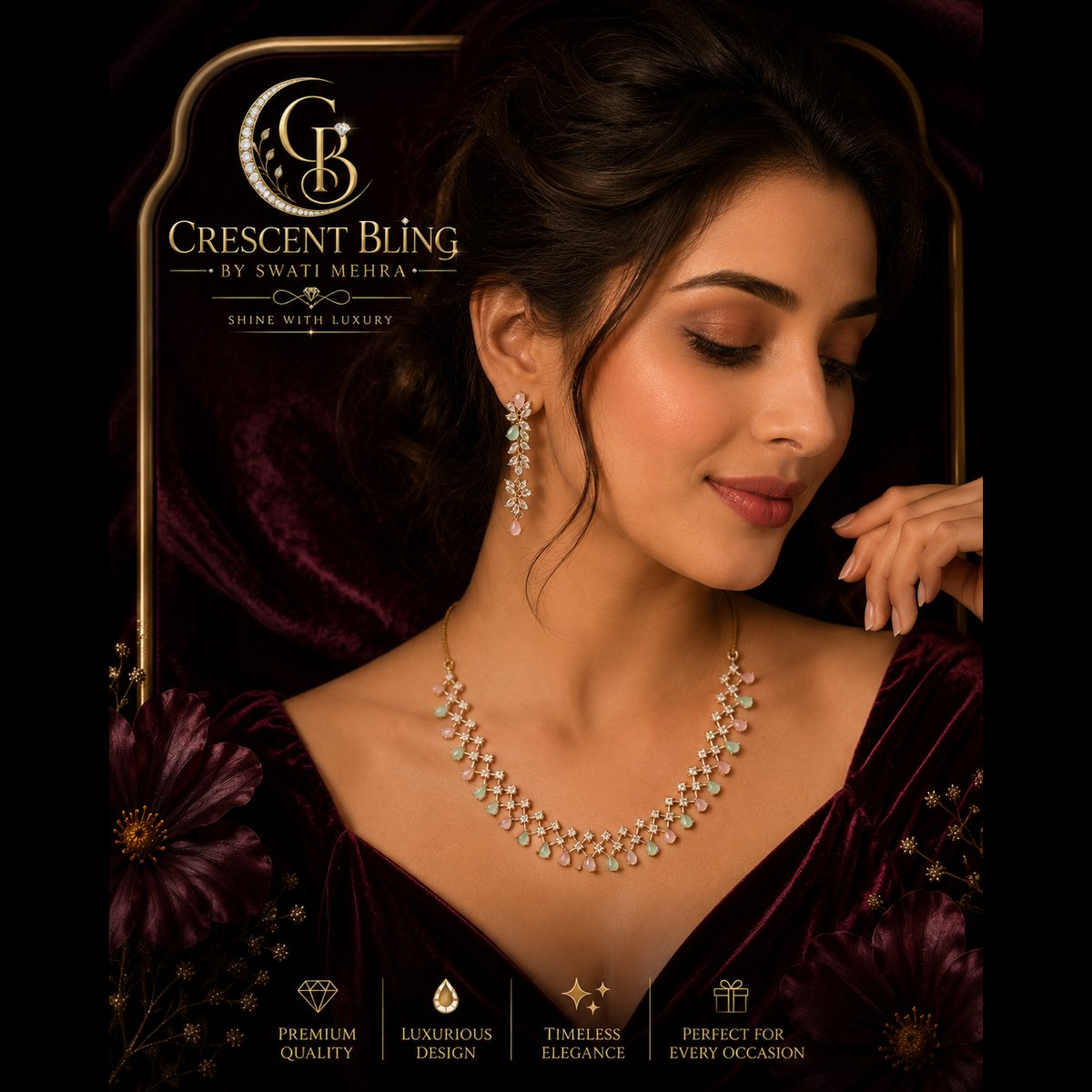 Crescent bling Gold Tone Stone Studded Necklace Set 2