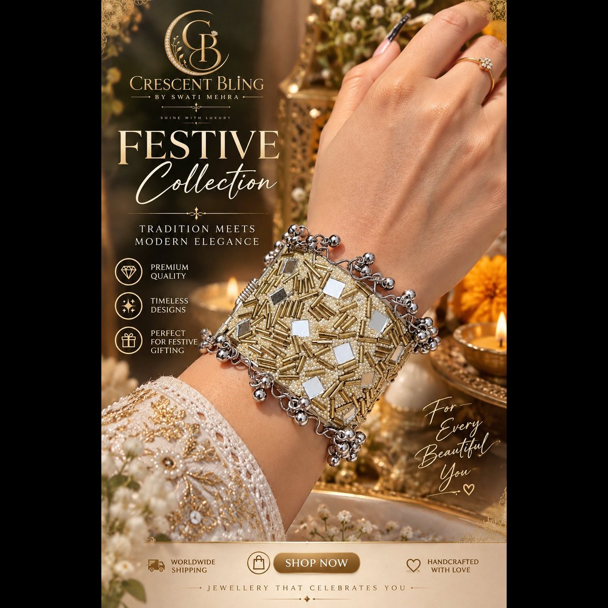 Crescent bling Embellished Beaded Mirrorwork Cuff Bracelet