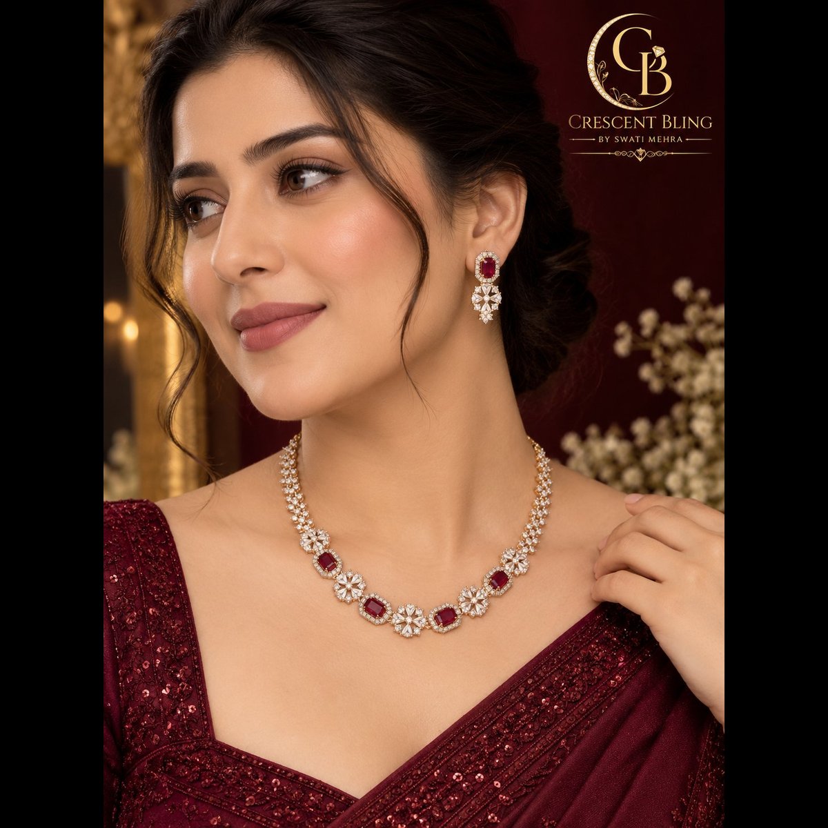Crescent bling Ruby Red & Clear Stone Necklace Set