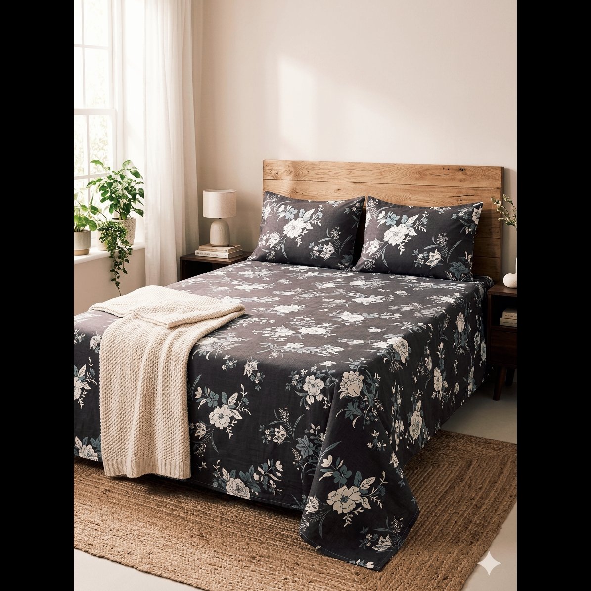 Glace cotton double bed bedsheet brown with white floral 2