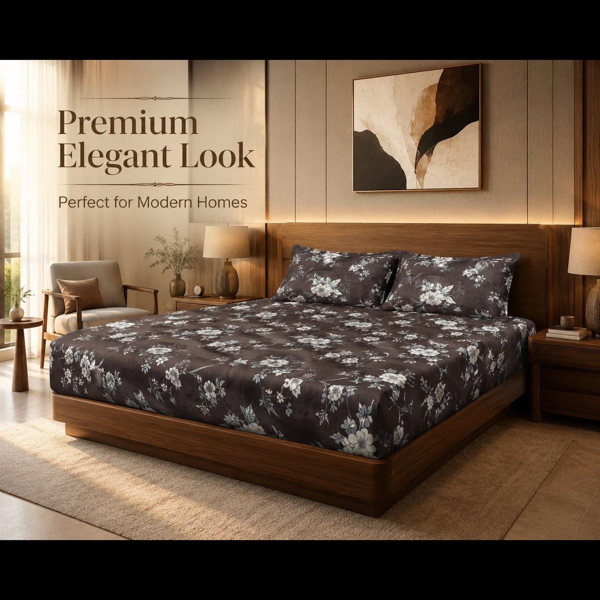 Glace cotton double bed bedsheet brown with white floral