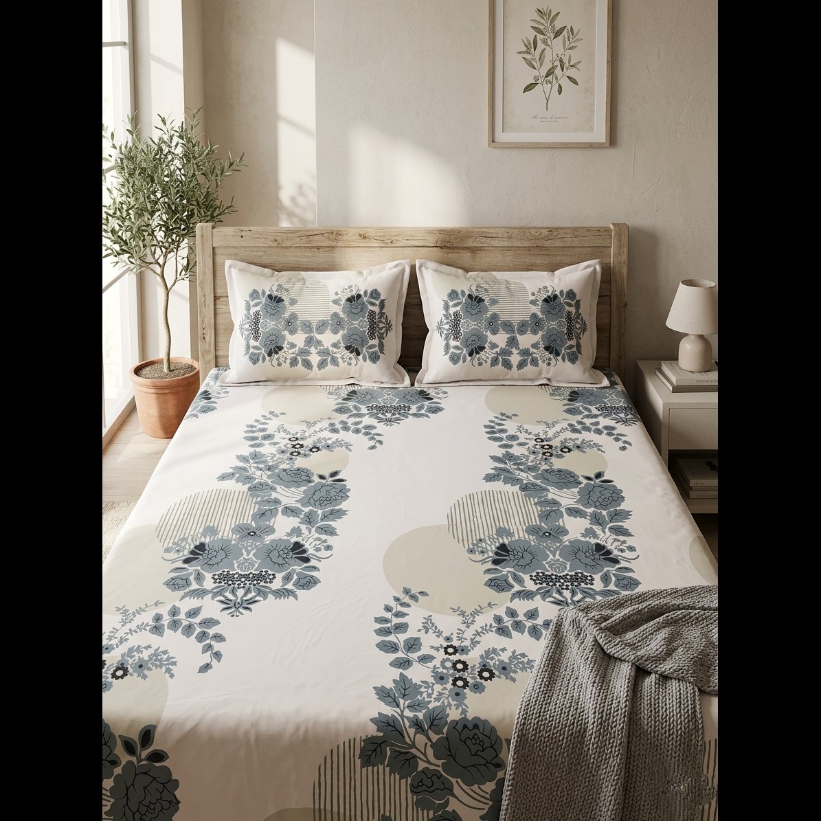 Glace cotton Double bed bedsheet Cream with grey flowers