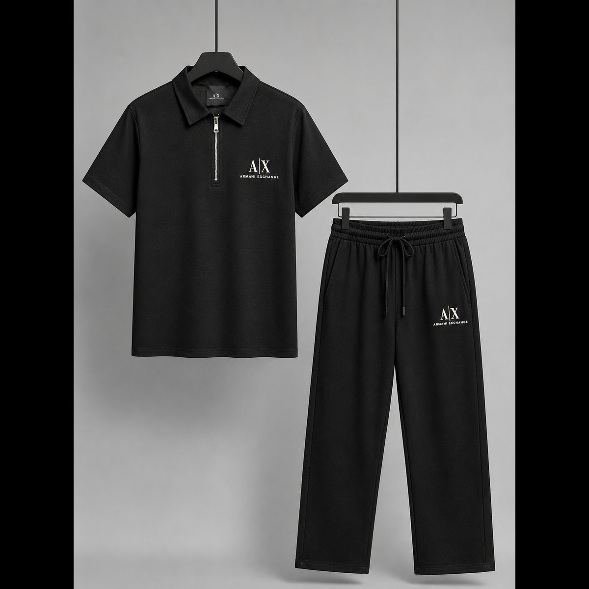 Men's Black Zipper Polo Tracksuit Set