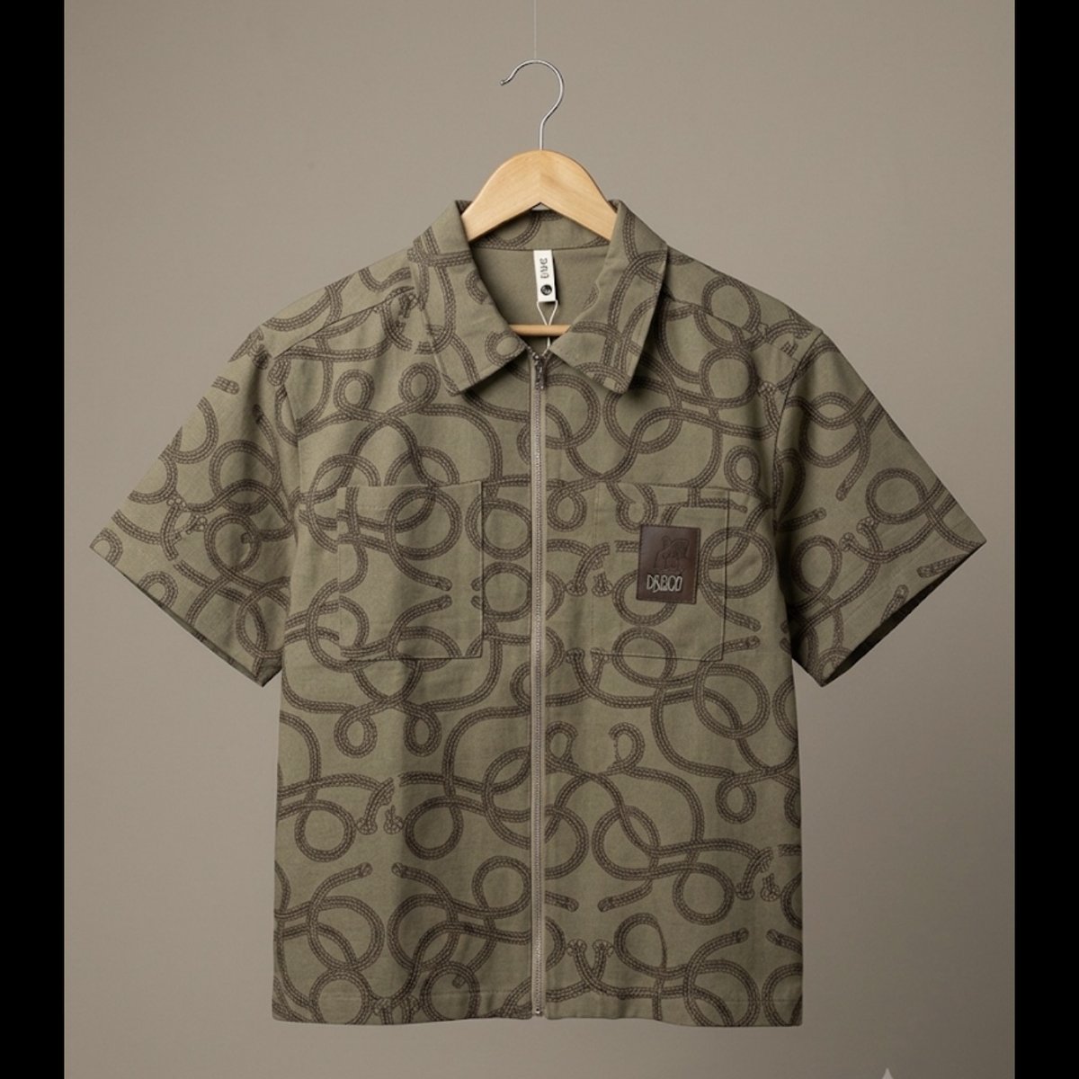 Olive Green Rope Print Zipper Shirt