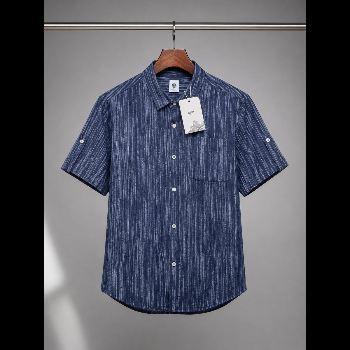 Men's Blue Textured Striped Short Sleeve Shirt