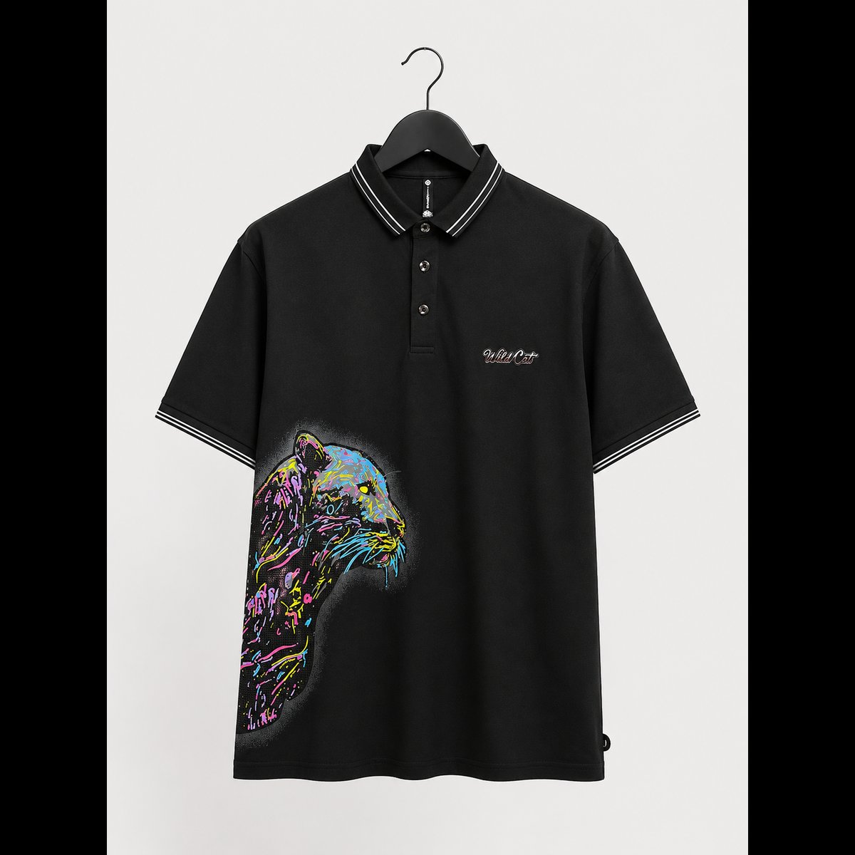 Black Polo Shirt with Panther Graphic