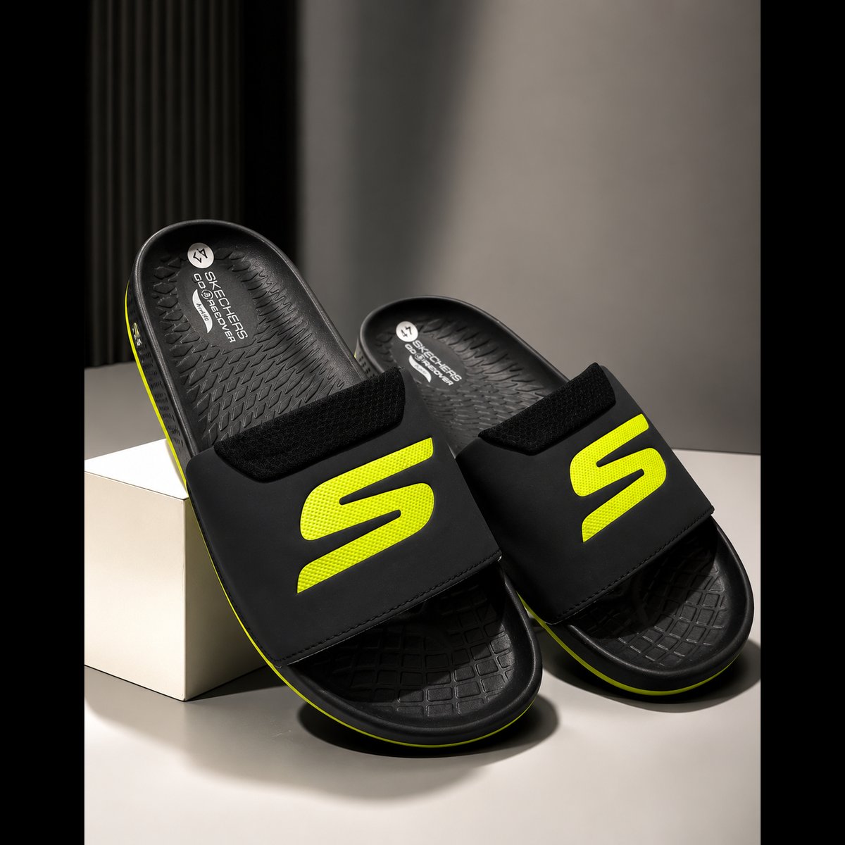 Men's Black and Neon Yellow Slide Sandals