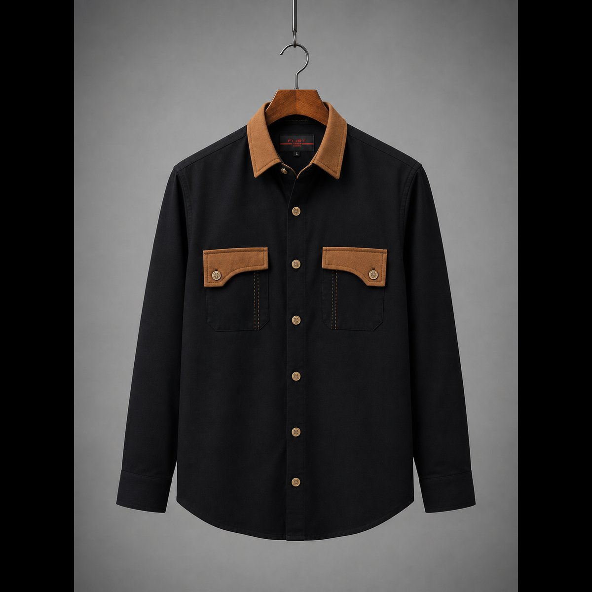 Men's Black Casual Shirt Brown Accents