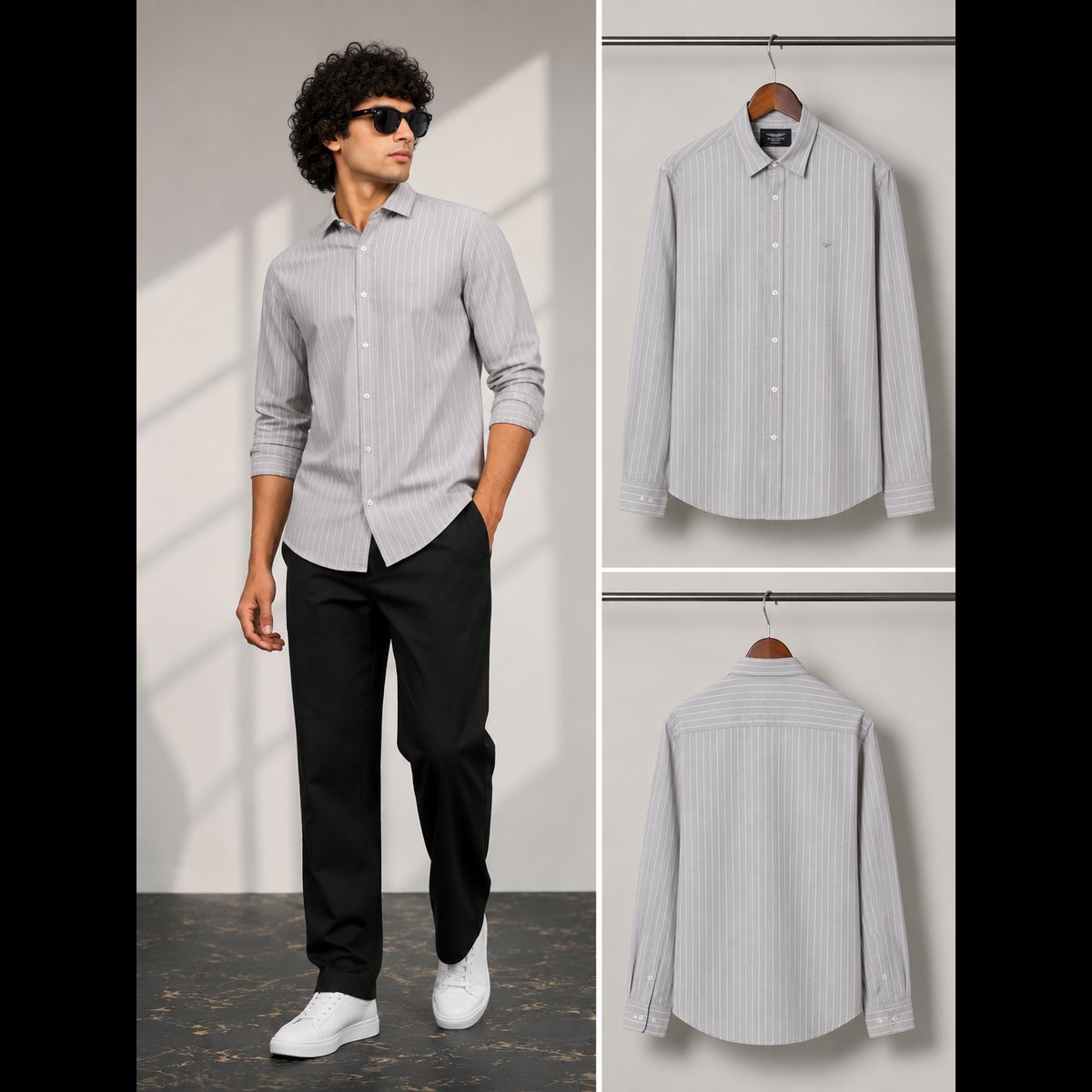 Men's Grey Striped Full Sleeve Shirt