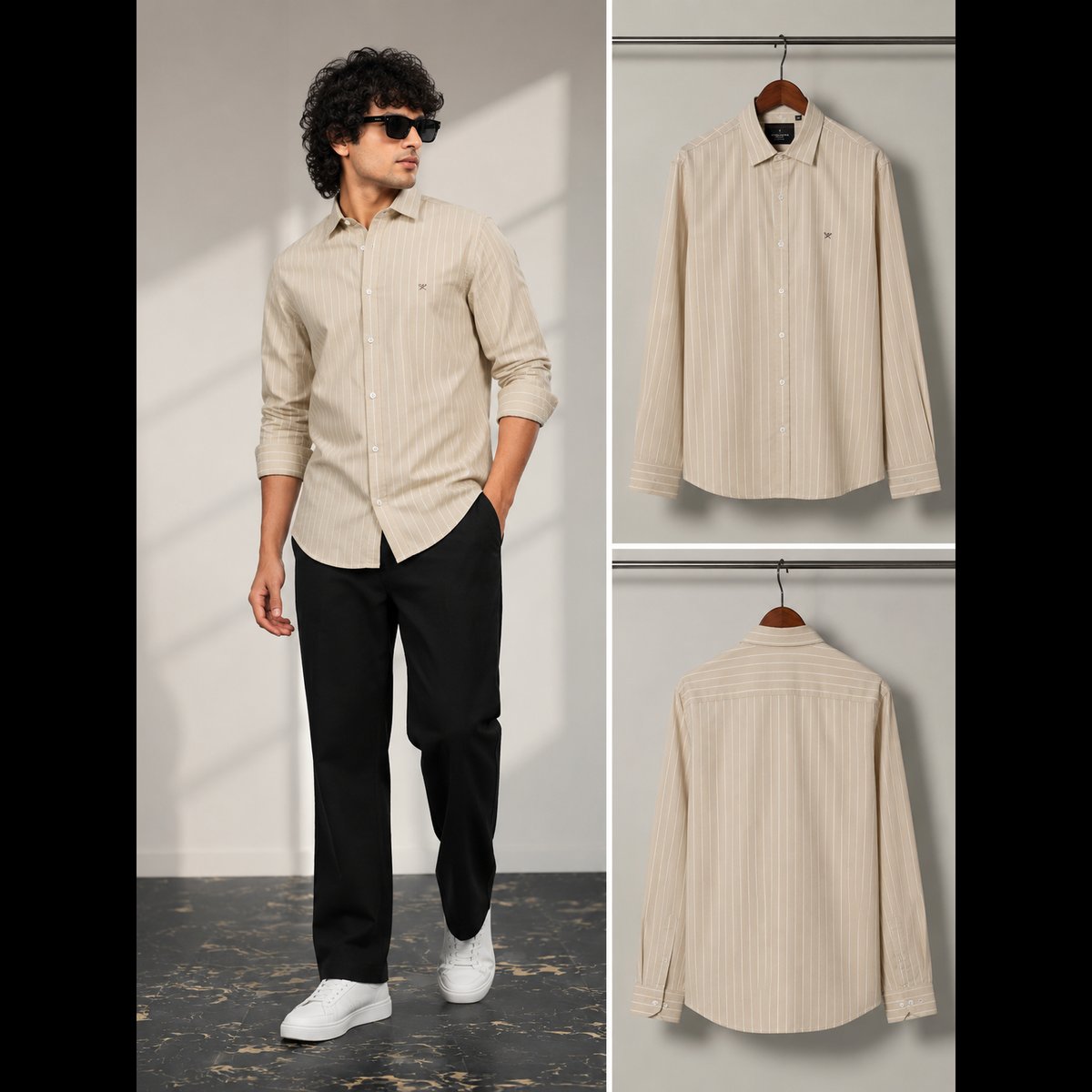 Men's Striped Beige Full-Sleeve Shirt